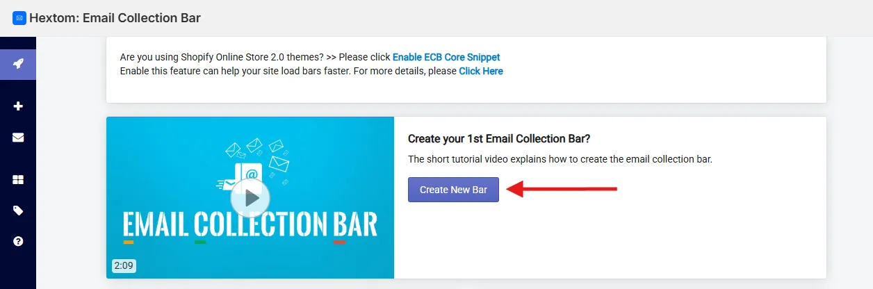 Create New Bar button in the Email Collection Bar dashboard