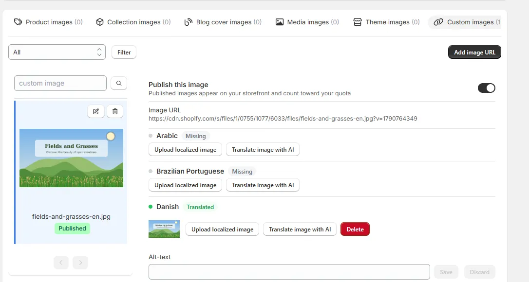Custom image entry with Publish this image turned on and the Published badge shown in the list