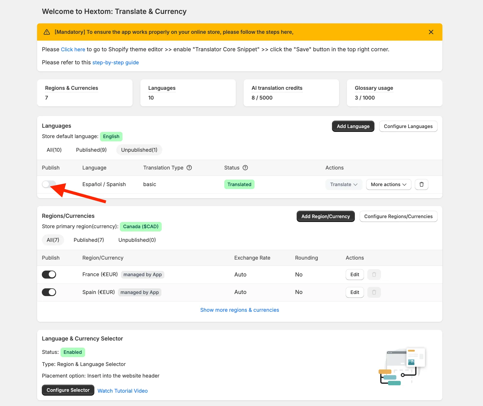 Languages table with the Publish toggle for Spanish highlighted