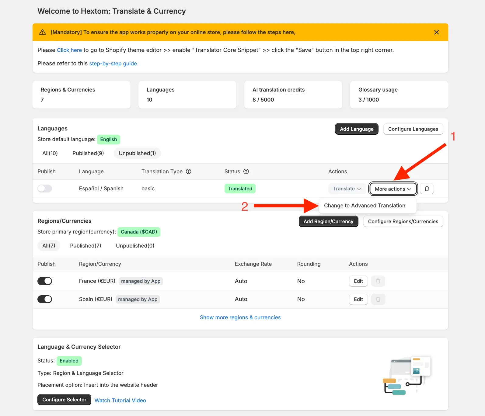 Languages table with More actions highlighted, showing the Change to Advanced Translation option in the dropdown