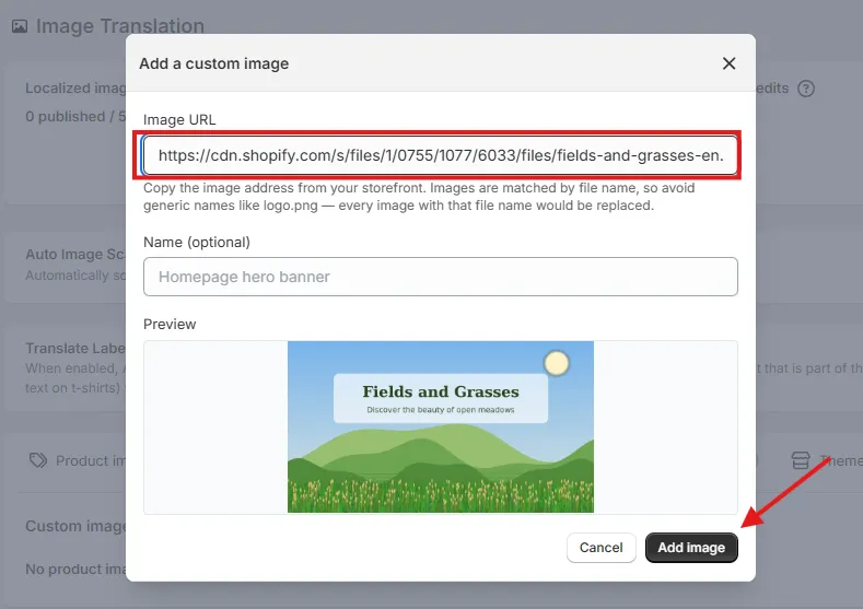 Add a custom image popup with the image URL pasted, a preview of the image, and the Add image button highlighted