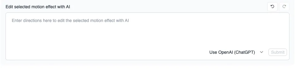 Edit selected motion effect with AI field, showing the directions textbox, AI model dropdown, and Submit button