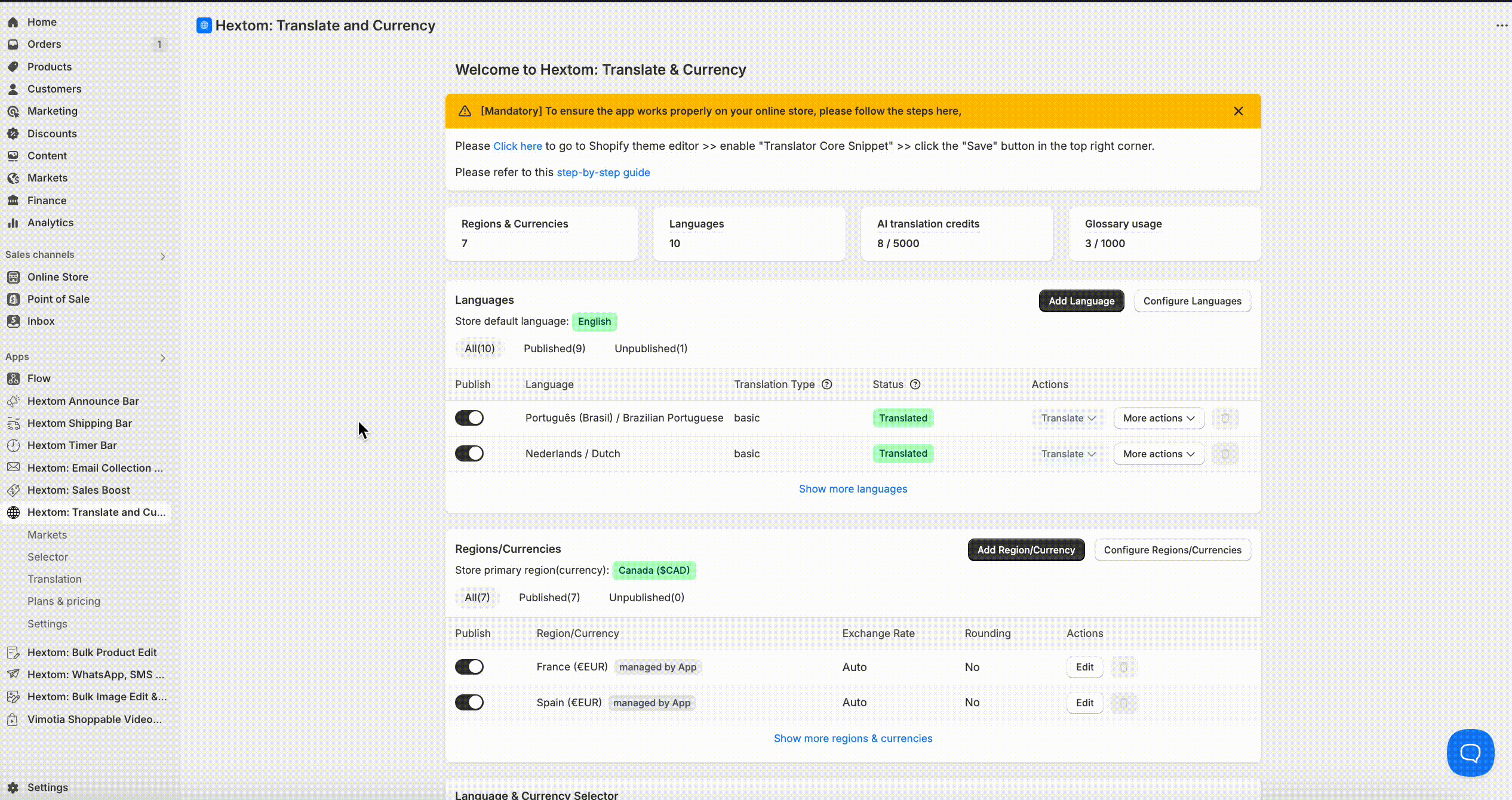 Demo of loading a language to translate and starting an AI translation task
