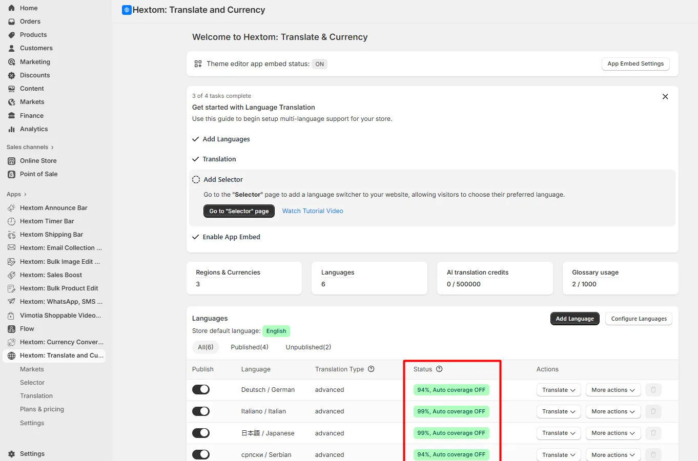 Languages table Status column showing translation percentages with auto coverage off for each language