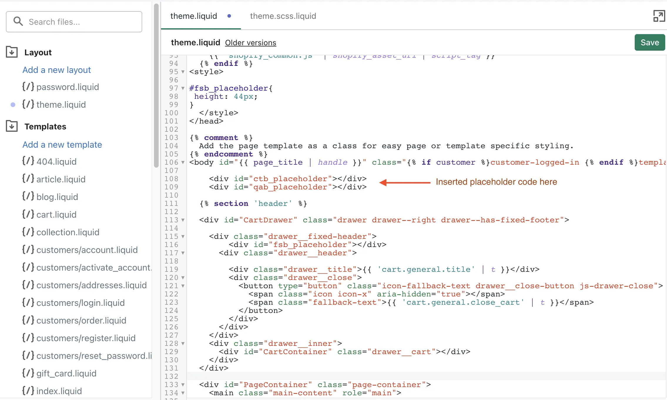 Placeholder code pasted above the header section after the body tag in theme.liquid