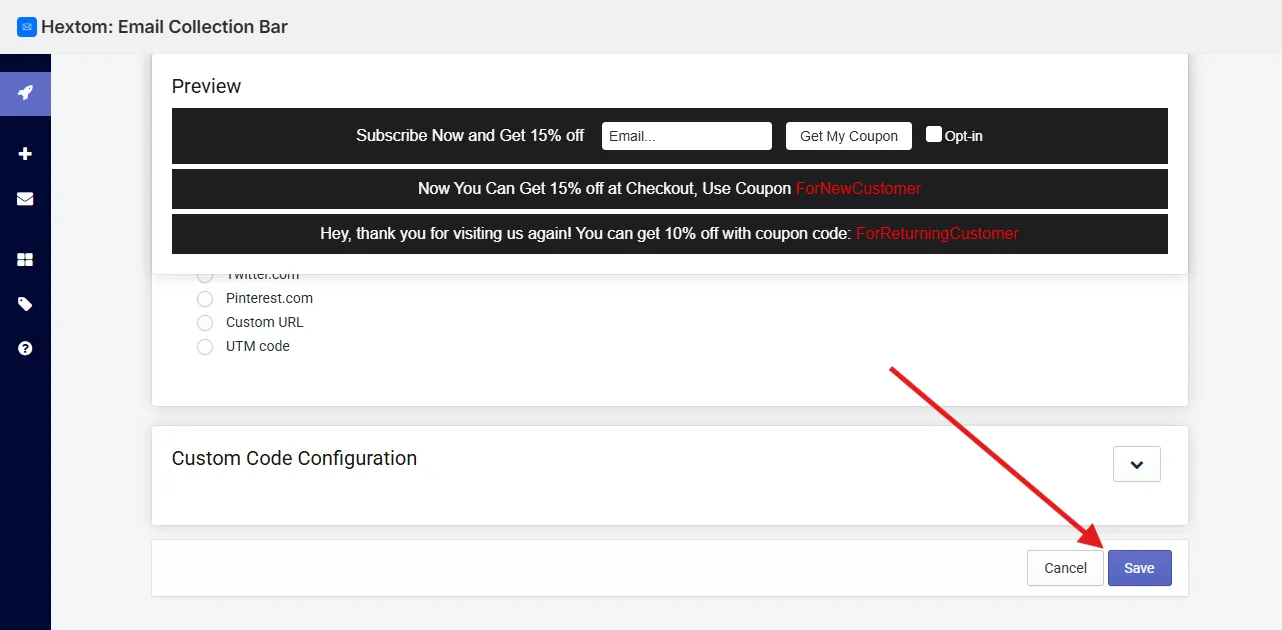 Save button at the bottom of the Email Collection Bar configuration panel